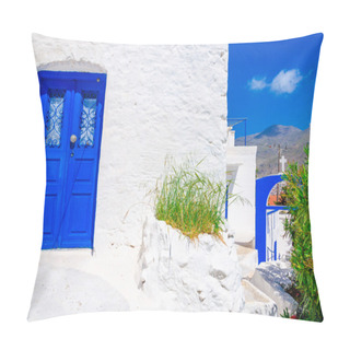 Personality  Blue Wooden Door, White Wall And Flowers In Greece Pillow Covers