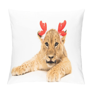Personality  Cute Lion Cub In Red Deer Horns Headband Isolated On White Pillow Covers