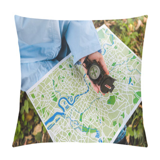 Personality  Cropped View Of Traveler Holding Map And Compass Outside  Pillow Covers