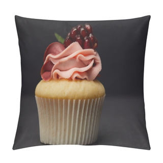 Personality  Sweet Cupcake With Cream And Garnet On Grey Surface Isolated On Black Pillow Covers