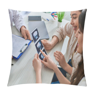 Personality  Happy Lgbt Couple Looking Carefully At Ultrasound Of Their Baby And Smiling Cheerfully, Ivf Concept Pillow Covers