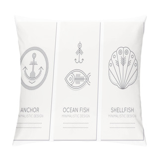 Personality  Nautical Card Design Template With Thin Line Style Illustrations Of Fish, Fishing Hook, Anchor, Shellfish Pillow Covers