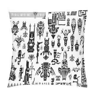 Personality  Set Of Tribal Icons And Musical Notes. Ancient Elements And Symbols Of The Maya. Black And White Silhouette Hand Draws Animals And Fantastic Creatures. Collection Of Cartoons Ethnic Style Drawing. Vector Illustration. Pillow Covers