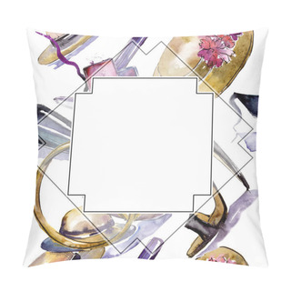 Personality  Cosmetics Sketch Fashion Glamour Illustration. Clothes Accessories Set Trendy Outfit. Watercolor Background Illustration Set. Watercolour Drawing Fashion Aquarelle. Frame Border Ornament Square. Pillow Covers