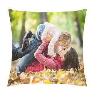 Personality  Woman With Child Having Fun In Autumn Park Pillow Covers