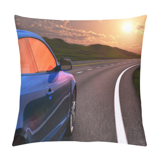 Personality  Blue Car Driving By Autobahn In Sunset With Motion Blur Pillow Covers