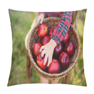 Personality  Cute Little Girl Holding Basket With Red Picked Apples While Sitting On Wooden Chair In Autumn Orchard, Harvest Concept Pillow Covers