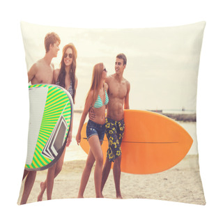 Personality  Smiling Friends In Sunglasses With Surfs On Beach Pillow Covers