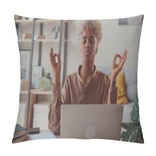 Personality  Serene African Woman Relieving Fatigue At Workplace Make Meditation Practice Pillow Covers