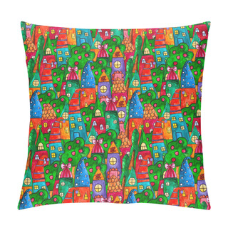 Personality  Fantasy Bright Sweet Houses Pattern In A Whimsical Childlike Style. Cartoon Houses. Cute Dream Watercolor Hand Paainted Houses And Trees. Pillow Covers