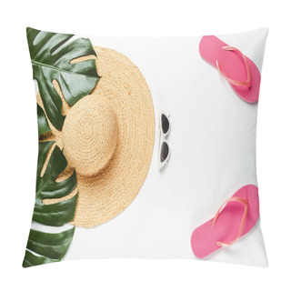 Personality  Top View Of Green Palm Leaves, Straw Hat, Sunglasses And Flip Flops On White Background Pillow Covers