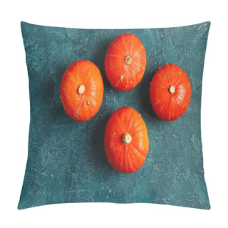 Personality  Colorful Thanksgiving Backdrop With Fresh Ripe Orange Pumpkins On Blue Textured Tabletop, Top View Pillow Covers