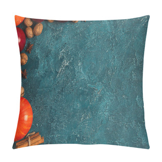 Personality  Orange Pumpkins Near Red Apples And Walnuts On Blue Textured Backdrop, Thanksgiving Concept Pillow Covers