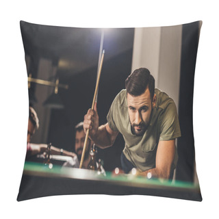 Personality  Young Handsome Man Playing In Pool With Friends At Bar Pillow Covers