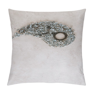Personality  Top View Of Aged Metal Screws Arranged In Part Of Taijitu Symbol On Grey Background Pillow Covers
