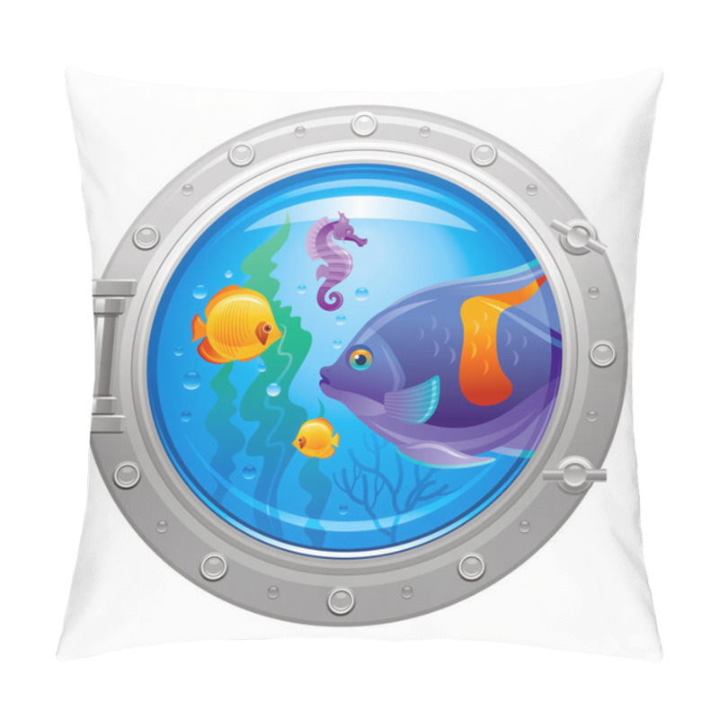 Personality  Blue Porthole With Colorful Underwater Life, Fishes Pillow Covers