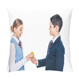 Personality  Schoolchildren In Formal Wear Sharing Apple Isolated On White Pillow Covers