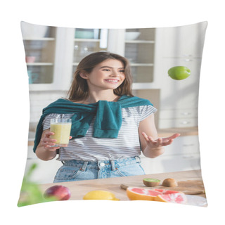 Personality  Cheerful Woman Juggle With Apple While Holding Fresh Smoothie On Blurred Foreground Pillow Covers