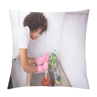 Personality  Close-up Of A Female Plumber Wearing Pink Gloves Using Plunger In The Kitchen Sink Pillow Covers