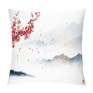 Personality  Oriental Cherry Blossoming Branch, Petals On The Wind And Distant Blue Mountains. Traditional Oriental Ink Painting Sumi-e, U-sin, Go-hua. Translation Of Hieroglyph - Eternity. Pillow Covers