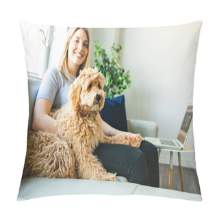 Personality  Woman With His Golden Labradoodle Dog At Home Pillow Covers