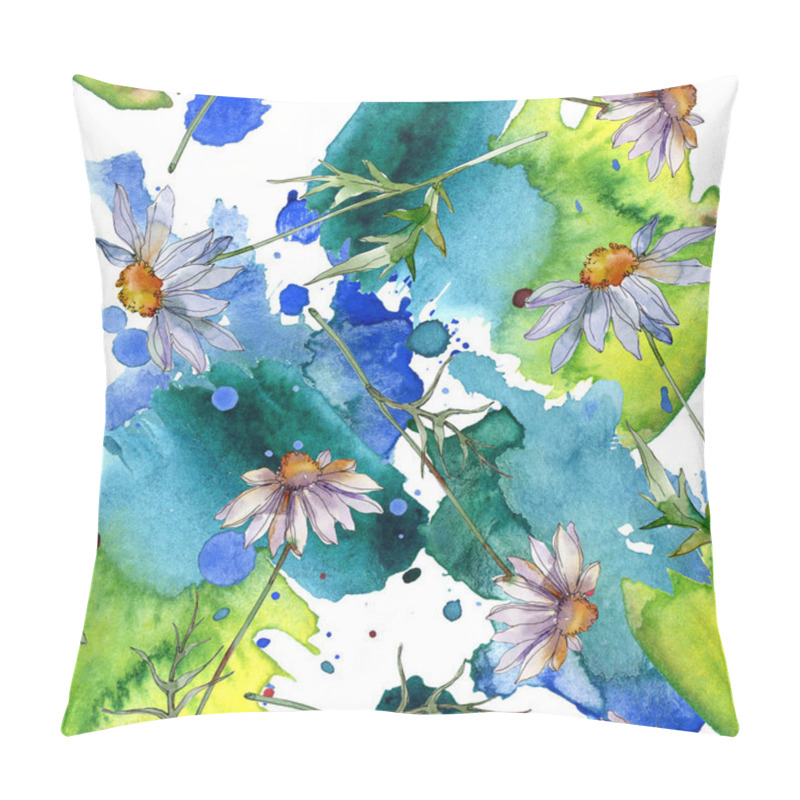 Personality  chamomiles with green leaves watercolor illustration, seamless background pattern pillow covers