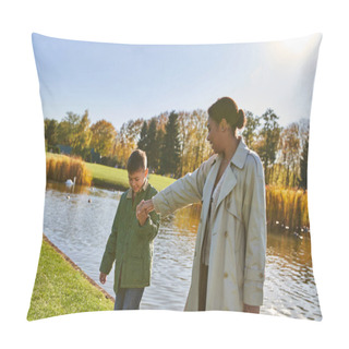 Personality  Family Bonding, Cheerful African American Mother Walking With Son Along Pond, Hold Hands, Autumn Pillow Covers