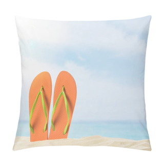 Personality  Pair Of Flip Flops In Sand On Blue Sky Background Pillow Covers