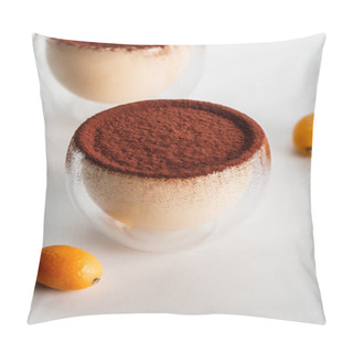 Personality  Tiramisu Desserts With Cocoa Powder In Glasses On Grey Table With Kumquats Pillow Covers