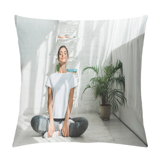 Personality  Beautiful Happy Girl With Closed Eyes Practicing Yoga In Lotus Position In Bedroom In The Morning  Pillow Covers