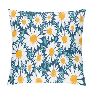 Personality   Vector Seamless Pattern. Creative Floral Print With Chamomile Flowers, Leaves In A Hand-drawn Style On A Dark Blue-turquoise Background. Perefct Spring/summer Template For Fashion Design, Textiles... Pillow Covers