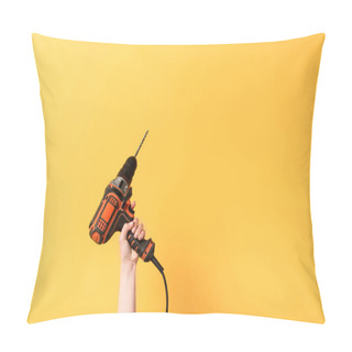 Personality  Cropped View Of Woman Holding Drill On Yellow Background  Pillow Covers