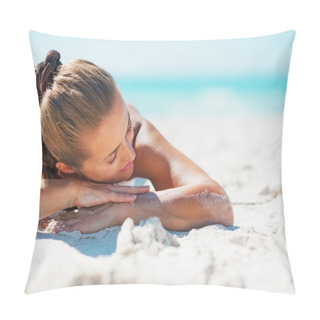 Personality  Happy Young Woman In Swimsuit Relaxing While Laying On Sandy Bea Pillow Covers