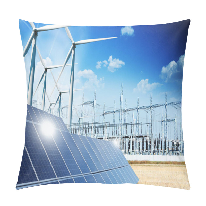 Personality  Renewable Energy Concept With Grid Connections Solar Panels And Wind Turbines Pillow Covers