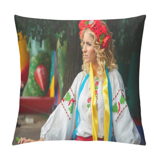Personality  Khmelnitsky, Ukraine - July 12, 2015. A Girl In Traditional Ukrainian Clothes At The Parade Of  Vyshyvanok. Pillow Covers