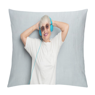 Personality  Senior Cool Woman With Headphones, Listening Music Against Grunge Cement Wall. Pillow Covers