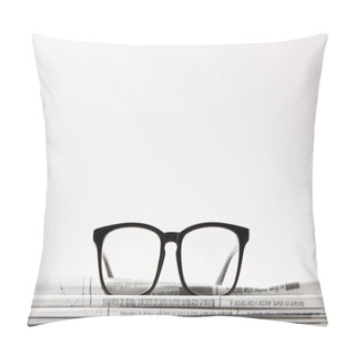 Personality  Close Up Of Eyewear On Pile Of Newspapers, Isolated On White Background With Copy Space Pillow Covers