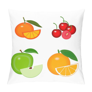 Personality  Fruits Vector Collections. Set Of Full And Half Fruits Are Apple, Orange, Cherries And Tangerine. Vector Illustration Isolated On White Background Pillow Covers