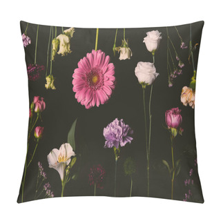 Personality  Composition Of Beautiful Various Blooming Flowers Isolated On Black Pillow Covers