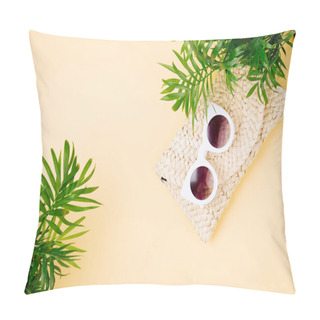 Personality  Tropical Leaves And Beach Bag With Sunglasses On Yellow Background. Top View, Flat Lay. Pillow Covers