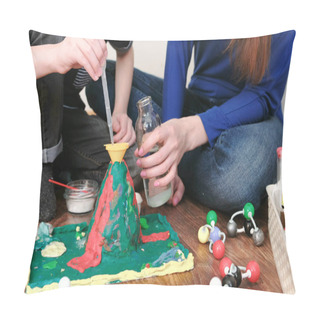 Personality  Chemical Experiment. Close-up Of The Boys Hands Poured Water From The Bottle Into The Funnel Of The Volcano Using A Pipette. Pillow Covers
