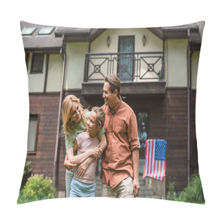 Personality  Smiling Family Hugging Daughter Near Blurred American Flag On Vacation House  Pillow Covers