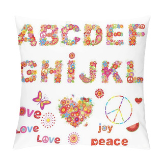 Personality  Hippie Floral Alphabet With Funny Colorful Flowers. Part 1 Pillow Covers