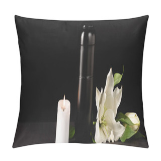 Personality  Lily, Candle And Urn With Ashes On Black Background, Funeral Concept, Banner Pillow Covers