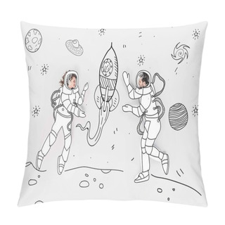 Personality  Creative Hand Drawn Collage With Couple In Space Suits And Rocket Pillow Covers