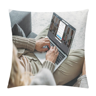 Personality  Cropped Shot Of Couple Using Laptop With Linkedin Website On Screen On Couch At Home Pillow Covers