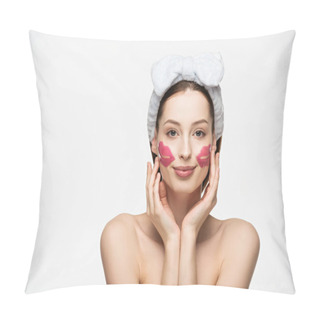 Personality  Attractive Smiling Girl With Lip-shaped Collagen Patches Touching Face And Looking At Camera Isolated On White  Pillow Covers