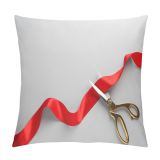 Personality  Red Ribbon And Scissors On Light Grey Background, Top View. Space For Text Pillow Covers