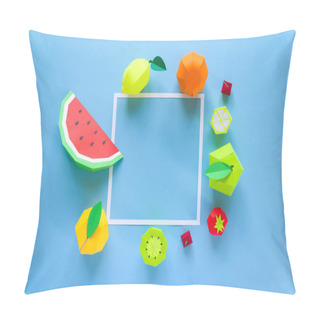 Personality  Square Frame With Exotic Fruits Made Of Paper On Blue Background Pillow Covers