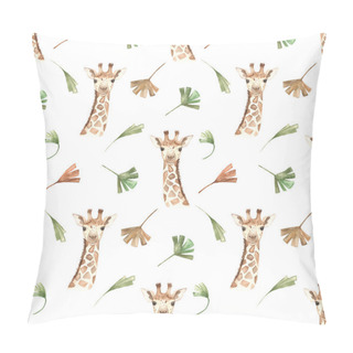 Personality  Giraffe Head, Tropical Leaves, Savanna On A White Background Watercolor Seamless Pattern Pillow Covers